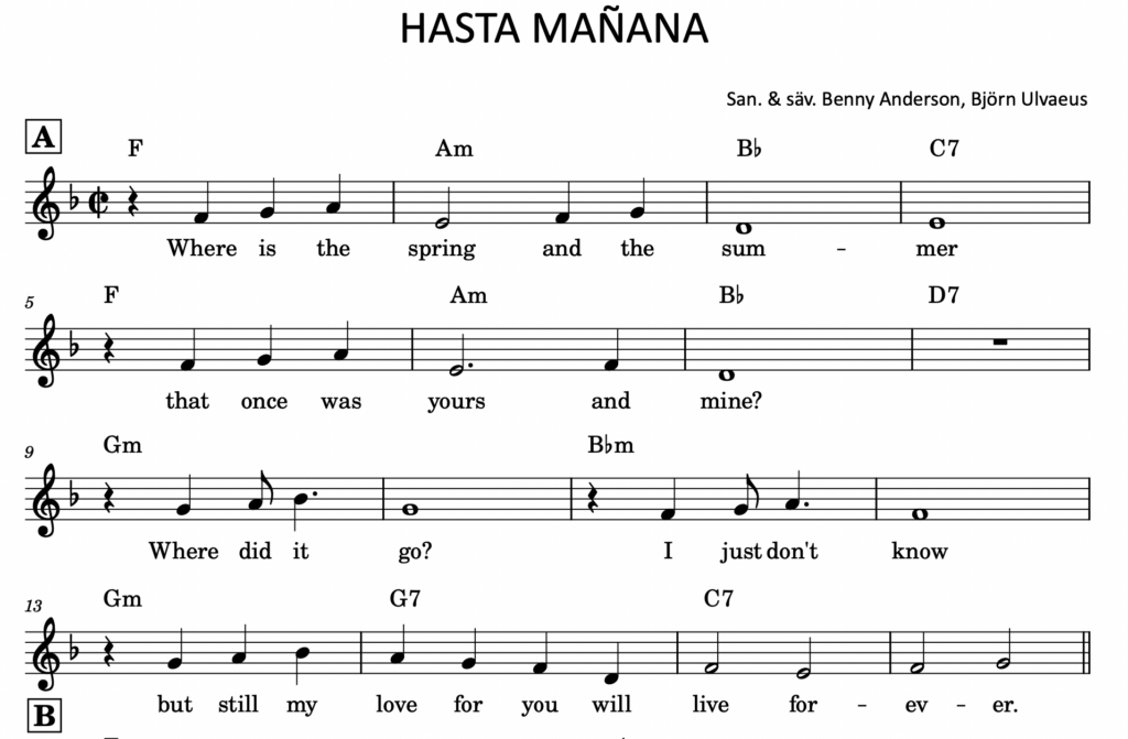 Hasta Manana -kappaleesta nuottiesimerkki